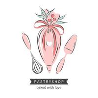 pastelería y panadería. conjunto de herramientas para hacer pasteles, galletas y pasteles. ilustración vectorial para logotipo, menú, libro de recetas, panadería, cafetería. vector