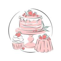 pastel, cupcake y bayas. logotipo de la pastelería. ilustración vectorial sobre fondo blanco para menú, libro de recetas, panadería.