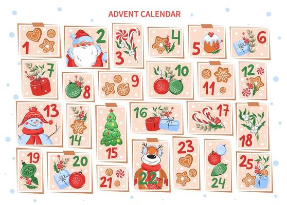 Christmas Advent Calendar for kids. Vector illustration