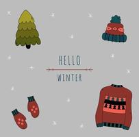 Winter doodles isolated set. Hand drawn sweater, mittens, hat, Christmas tree. Hello winter vector illustration clip art