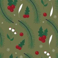 patrón sin costuras de navidad de invierno. ilustración vectorial con ramas de abeto, bayas rojas, acebo, copos de nieve. diseño de superficies para textiles, telas, envolturas, papel, embalaje vector