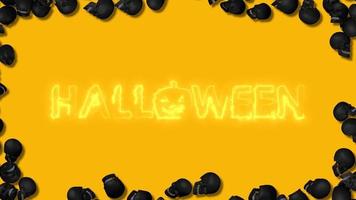 happy halloween trick or treat typographie de texte de feu effrayant, crânes 3d tombant de tous les côtés, rendu 3d video