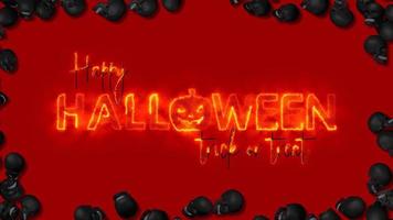 happy halloween trick or treat typographie de texte de feu effrayant, crânes 3d tombant de tous les côtés, rendu 3d