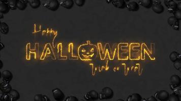 happy halloween trick or treat typographie de texte de feu effrayant, crânes 3d tombant de tous les côtés, rendu 3d