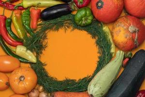 Vegetables are laid out around empty place. Empty space for text. Vegetables on a red background. photo