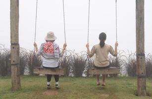 Rear View of Senior Woman Sitting and Daughter sitting Together on Swings in Garden on Misty Day photo