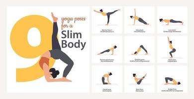 Beautiful woman demonstrating yoga poses. Set of yoga asanas with names in English and Sanskrit for a slim body. Yoga sequence vector design.