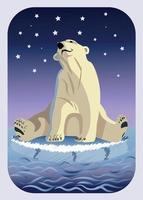 un oso polar blanco se sienta en un témpano de hielo y mira el cielo estrellado. gráficos vectoriales tarjeta de Navidad. vector