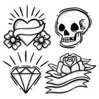 Collection set vintage Doodle Illustration hand drawn cartoon sketch for tattoo, stickers, etc vector