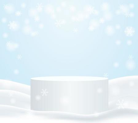 Winter season product display. Design with podium and white snowflakes on snow background. vector.
