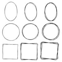 Basic black line doodle blank frame on white background. Circle Oval and Square. Single Double and Triple. Vector illustration.