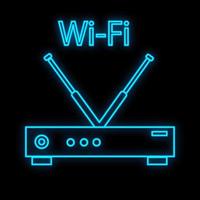 un letrero de neón digital azul luminoso brillante para un centro de servicio de tienda o taller es hermoso y brillante con un moderno módem de enrutador inalámbrico wi-fi sobre un fondo negro. ilustración vectorial vector