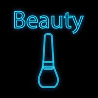 blue neon varnish in a bottle with an oval cork on a black background. gel polish, bright varnish to create a coating and patterns on the nails. neon sign in a beauty studio. vector illustration