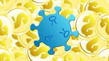 Blue virus dangerous deadly epidemic pandemic of the microbe coronavirus covid-19 against a background of gold dollar coins. Vector illustration