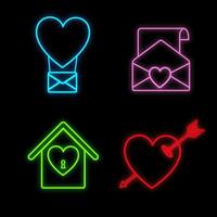 Set of bright luminous multi-colored festive neon signs for the store and postcards beautiful shiny with love hearts envelopes arrows balloons on a black background. Vector illustration