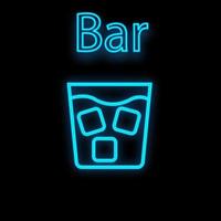 Bright luminous blue neon sign for cafe restaurant bar pub beautiful shiny with a glass of whiskey with ice on a black background. Vector illustration