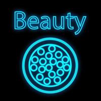 ball powder with blush for application to the skin. creating a matte layer on the face for beauty and health of the face. skin contouring. blue outline neon on a black background. vector illustration