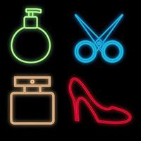 conjunto de artículos de belleza de neón brillante sobre un fondo negro. perfume, tijeras, perfume de hombre, zapato elegante. plano hermosos y lindos artículos brillantes. ilustración vectorial vector