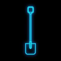 Bright luminous blue industrial digital neon sign for shop workshop service center beautiful shiny with a shovel for repair on a black background. Vector illustration