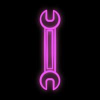 Bright luminous purple industrial digital neon sign for shop workshop service center beautiful shiny with a wrench for repair on a black background. Vector illustration