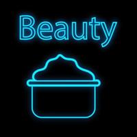 huge jar with white cream for face and body. moisturizing the skin, protecting against sun, wrinkles and aging. neon cream, blue on a black background. set for beauticians, skin care. vector