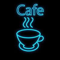 Bright luminous blue neon sign for cafe bar restaurant pub beautiful shiny with a mug of tea on a black background. Vector illustration