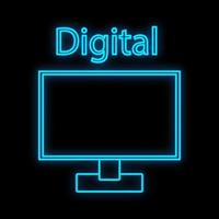 Bright luminous blue digital neon sign for shop or workshop service center beautiful shiny with a modern flat-panel LCD computer monitor on a black background. Vector illustration