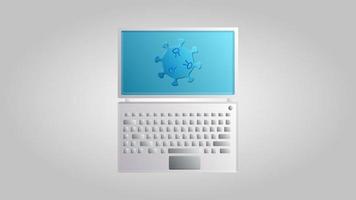 una computadora portátil digital moderna para trabajar la medicina en línea en una cura para una peligrosa epidemia mortal de la pandemia del virus de la enfermedad coronavirus covid-19. ilustración vectorial vector