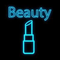 bright lipstick to create a beautiful even tone on the lips. The formula with natural collagen moisturizes and cares for the lips. Neon blue outline packaging on a black background vector