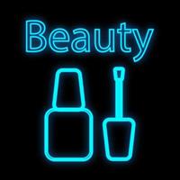 nail polish with a brush for decorating nails, manicures and pedicures. bright colored nail polish, blue neon on a black background. manicure tools for nail design. beauty bar. vector illustration