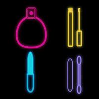 set of bright colored neon, consisting of perfume, mascara, nail file, cotton swab on a black background. a tool for a makeup artist. flatley from beauty items. vector illustration
