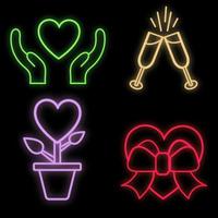 Set of bright luminous multi-colored festive neon signs for the store and cards beautiful shiny with love broken hearts hands glasses and flowers on a black background. Vector illustration