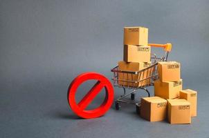 Cardboard boxes, supermarket trolley and red symbol NO. Embargo, trade wars. Restriction on the importation of goods, proprietary for business. Inability to sell products, poor logistics. No delivery. photo