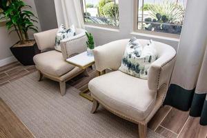 Two U Shaped Chairs With Decorator Pillows photo