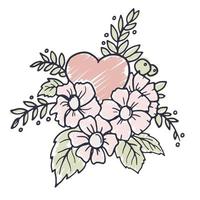 Heart and flowers, vector sketch