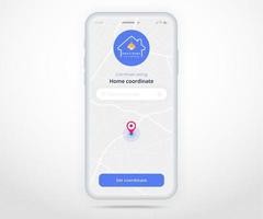 Smartphone smart home map gps search controlled app UX UI, IOT Internet of things technology, Home coordinate, Digital future home automation tech, smart devices application phone, vector illustration