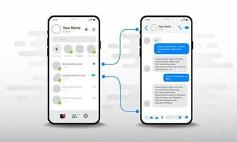 Chat UI Application design concept. Social network messenger communication service screen template. Mobile phone live chat boxes. Smartphone online app on screen. Vector flat style illustration, UX UI