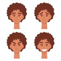 Set of woman's emotions. Facial expression. Black girl with dark hair avatar. Head portrait. Vector illustration of a flat design isolated on white background.