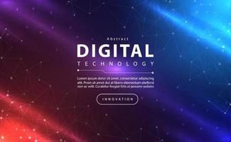 Digital technology banner pink blue background concept with technology line light effect, abstract tech, innovation future data, orange sky color, big data, lines dots connection, illustration vector