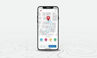 navegación de mapas gps, aplicación de mapas de teléfonos inteligentes y punto rojo en pantalla, navegación de mapas de búsqueda de aplicaciones, aislado en el fondo de mapas de línea, vector