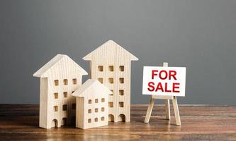 Wooden figures of residential buildings and an easel sign labeled for sale. Buying and selling real estate, hot offers and property valuation. Smart investments and relocation. Good offer photo