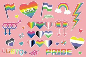 LGBTQ set of icons retro style design. Stickers LGBT, asexual, non-binary, transgender, genderfluid, pansexual, bisexual, genderqueer, polysexual