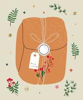 Christmas gift in kraft paper with tag and branches. Present box in craft wrapping paper with bow and branches. Colored flat vector illustration isolated on background.