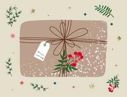 Christmas gift in kraft paper with tag and branches. Present box in craft wrapping paper with bow and branches. Colored flat vector illustration isolated on background.