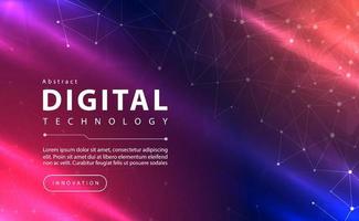 Digital technology banner pink blue background concept with technology line light effect, abstract tech, innovation future data, orange sky color, big data, lines dots connection, illustration vector