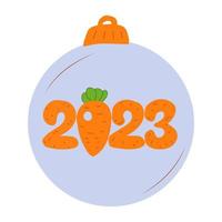 Inscription on the ball 2023 in the form of a carrot. Vector