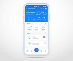 Smartphone smart home controlled app UX UI, IOT Internet of things technology, Digital future home automation tech, smart devices application phone, Wifi cctv lighting heating air, vector illustration