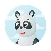 Cartoon panda on blue sky background with clouds, vector isolated animal label in circle shape.
