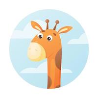 Cartoon giraffe on a background of blue sky with clouds, vector isolated label in the shape of a circle.