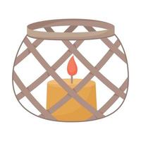 Cozy hygge decor element, candle in a wicker candlestick, vector isolated illustration.